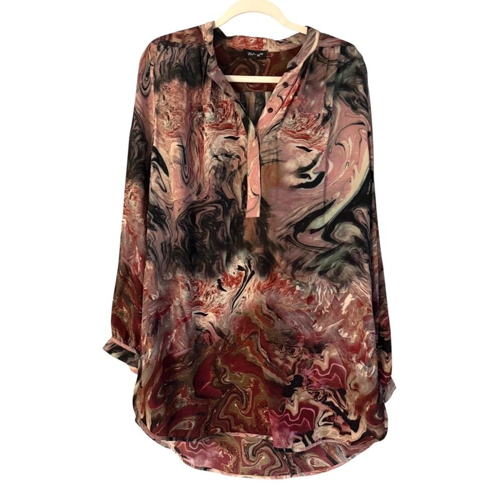 Tolani Abstract Marble Print Silk Blend Hi- Low Tunic Blouse Top Long Sleeve Art